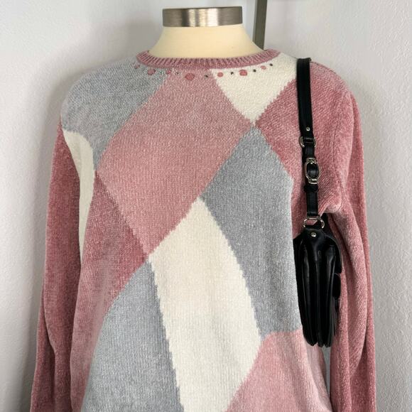 Geometric Pattern Chenille Sweater Pink Gray White Size XL - Picture 1 of 7